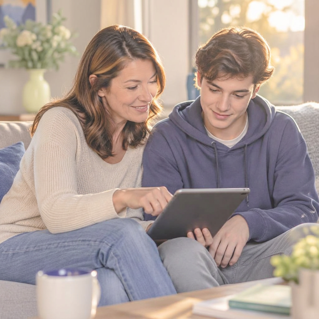 A mother and child budgeting together on a couch